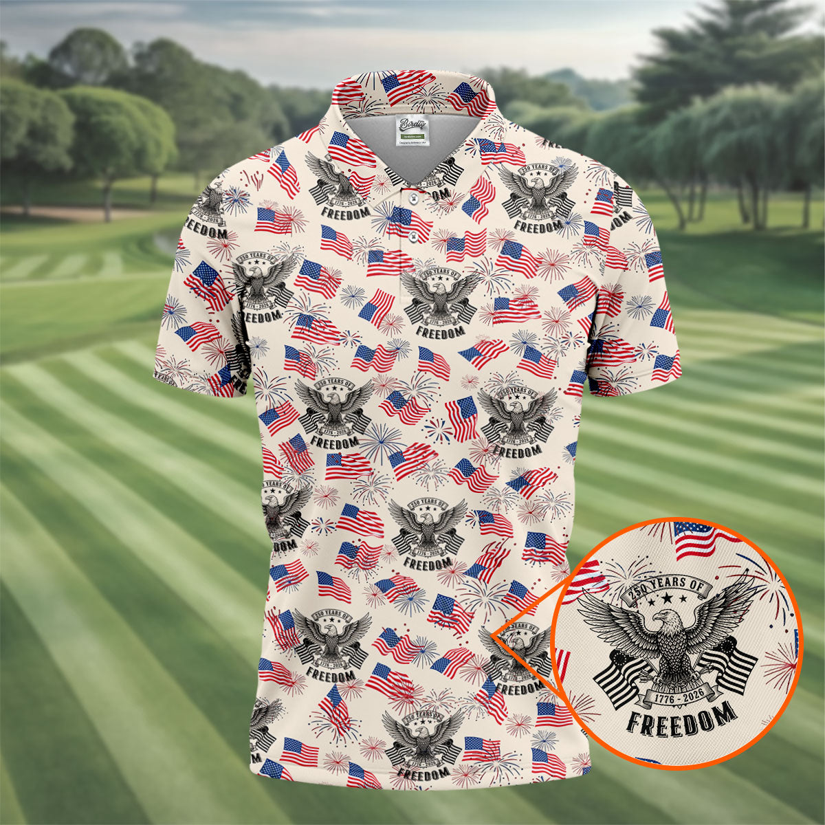 250 Years Of Freedom Festive Flag Vintage Beige Golf Shirt, Patriotic 4th Of July Golf Shirts For Men
