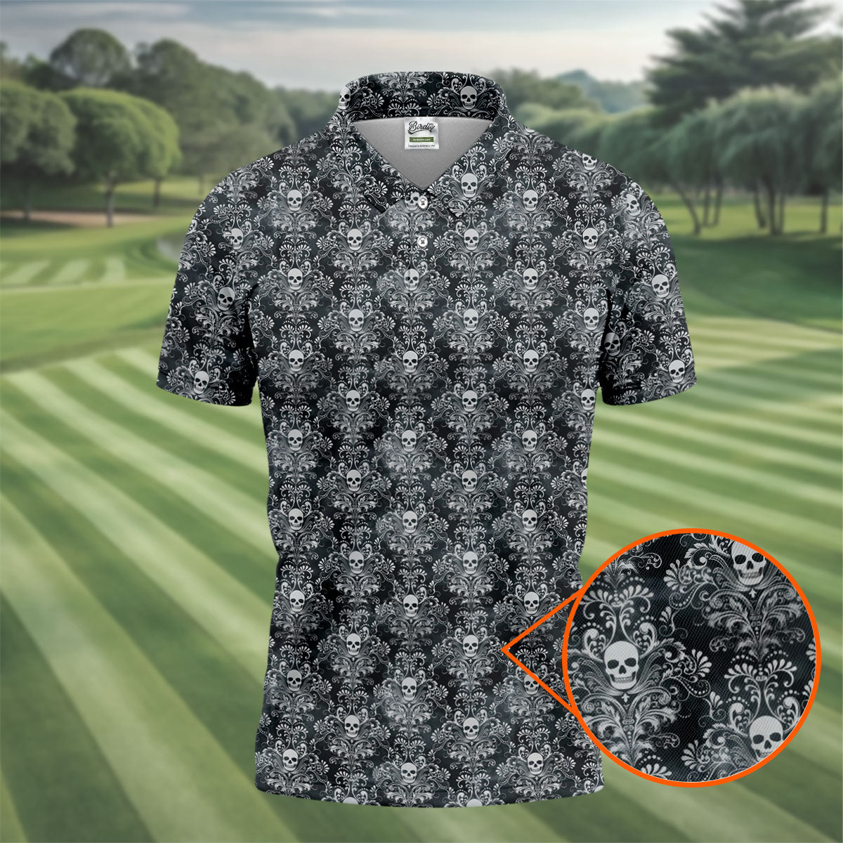 Skull Damask Charcoal Grey Gothic Floral Golf Tops For Men, Polo Shirtor Men, Golf Shirts For Men