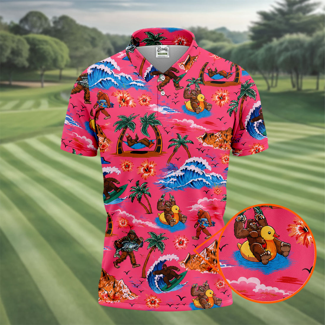 Pink Bigfoot Aloha Beach Vacation Golf Shirt, Golf Polo For Women, Printed Golf Shirt