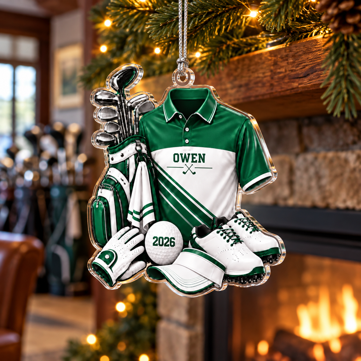 Custom Name Green Golf Shirt And Bag Acrylic Ornament, Holiday Gifts, Golf Gifts