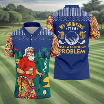 Funny Bearded Golfer Drinking Beer And Smoking Golf Polo, Golf Polo Shirts For Men, Printed Golf Shirts