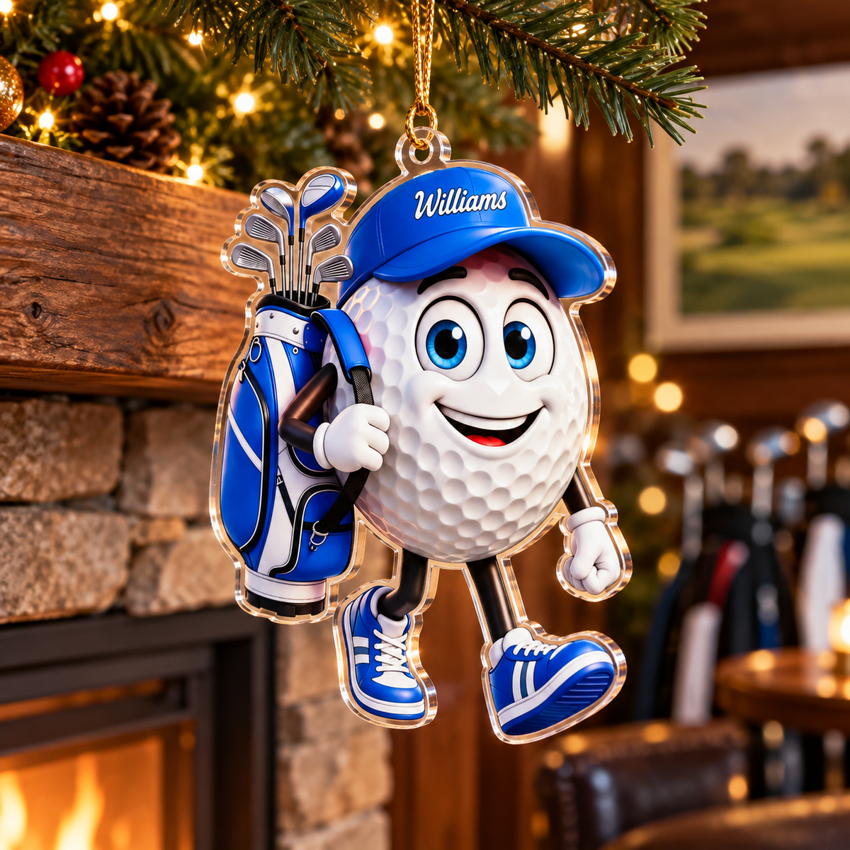 Custom Name Blue Walking Golf Ball Acrylic Ornament, Christmas Gifts, Golfer Gifts