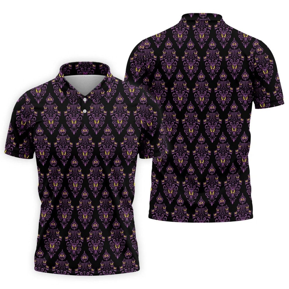 Purple Haunted Demon Faces Halloween Polo Shirt, Printed Golf Shirts, Golf Apparel For Men