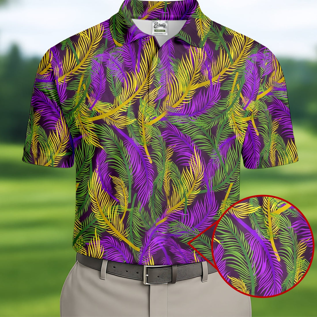 Purple Green Gold Feather Pattern Mardi Gras Golf Shirt, Polo ShirtFor Men, Golf Shirts For Men