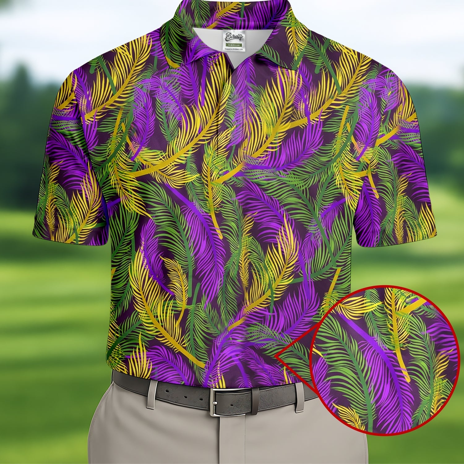Purple Green Gold Feather Pattern Mardi Gras Golf Shirt, Polo ShirtFor Men, Golf Shirts For Men