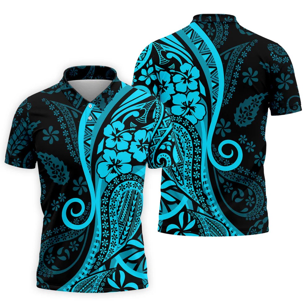 Island Tribal Golf Shirt, Blue Hawaiian Hibiscus Polo, Polo Shirts For Men