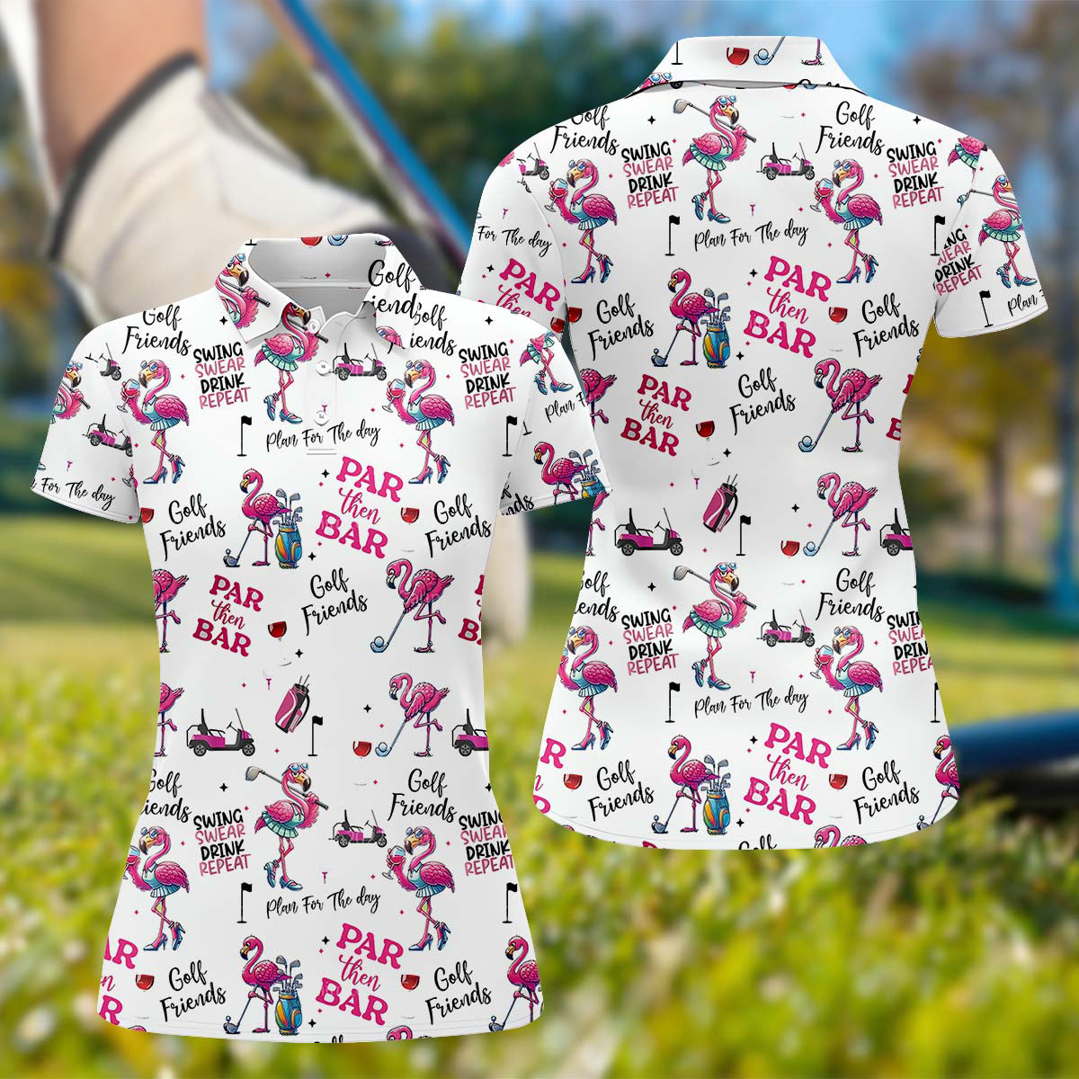 Par Then Bar Flamingo Funny Long Sleeve Polo Womens, Custom Ladies Golf Shirt