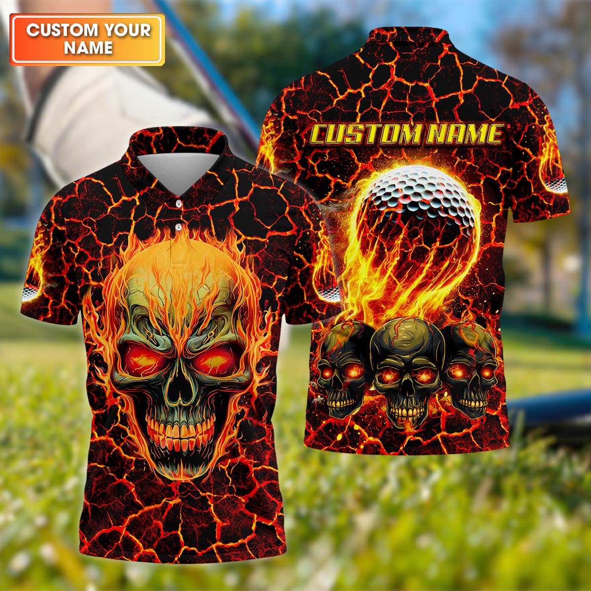 Custom Flaming Skull Men's Golf Polo Shirtunny Golf Shirt, Gift For Golfers