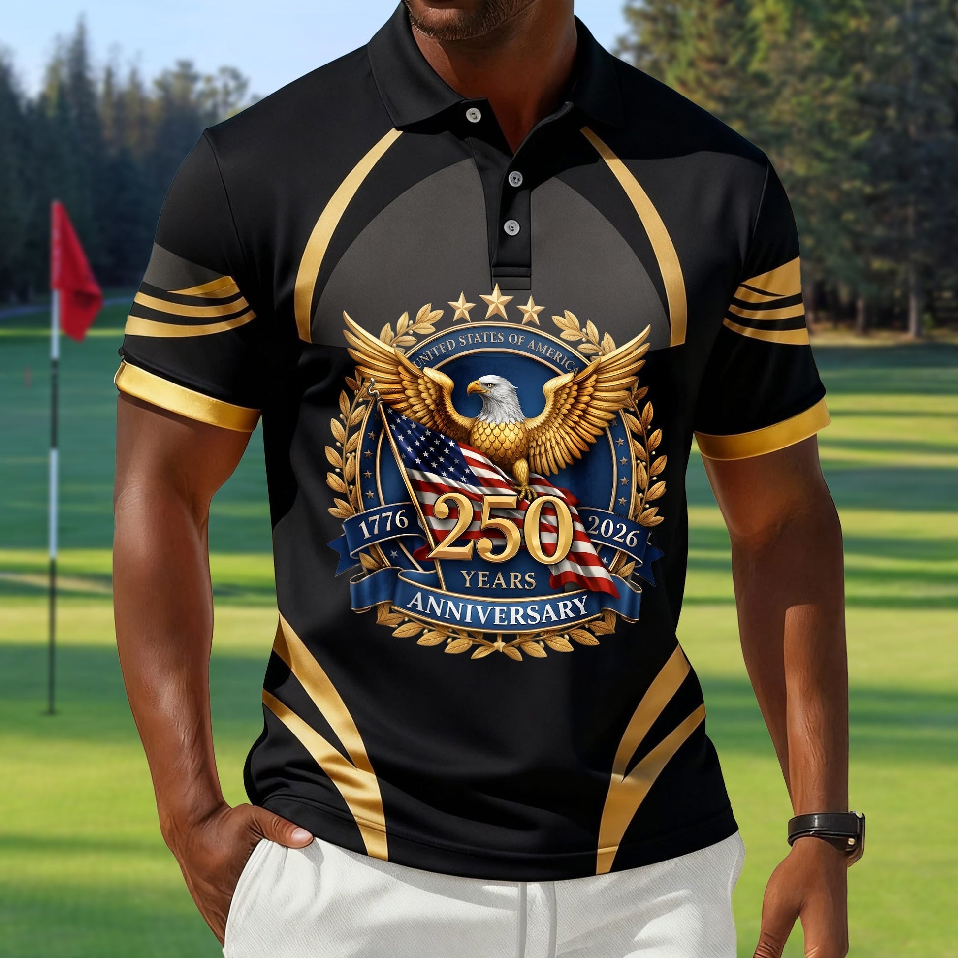 250 Years Anniversary Bald Eagle US Flag Patriotic Golf Shirt, 4th Of July Golf Shirts For Men