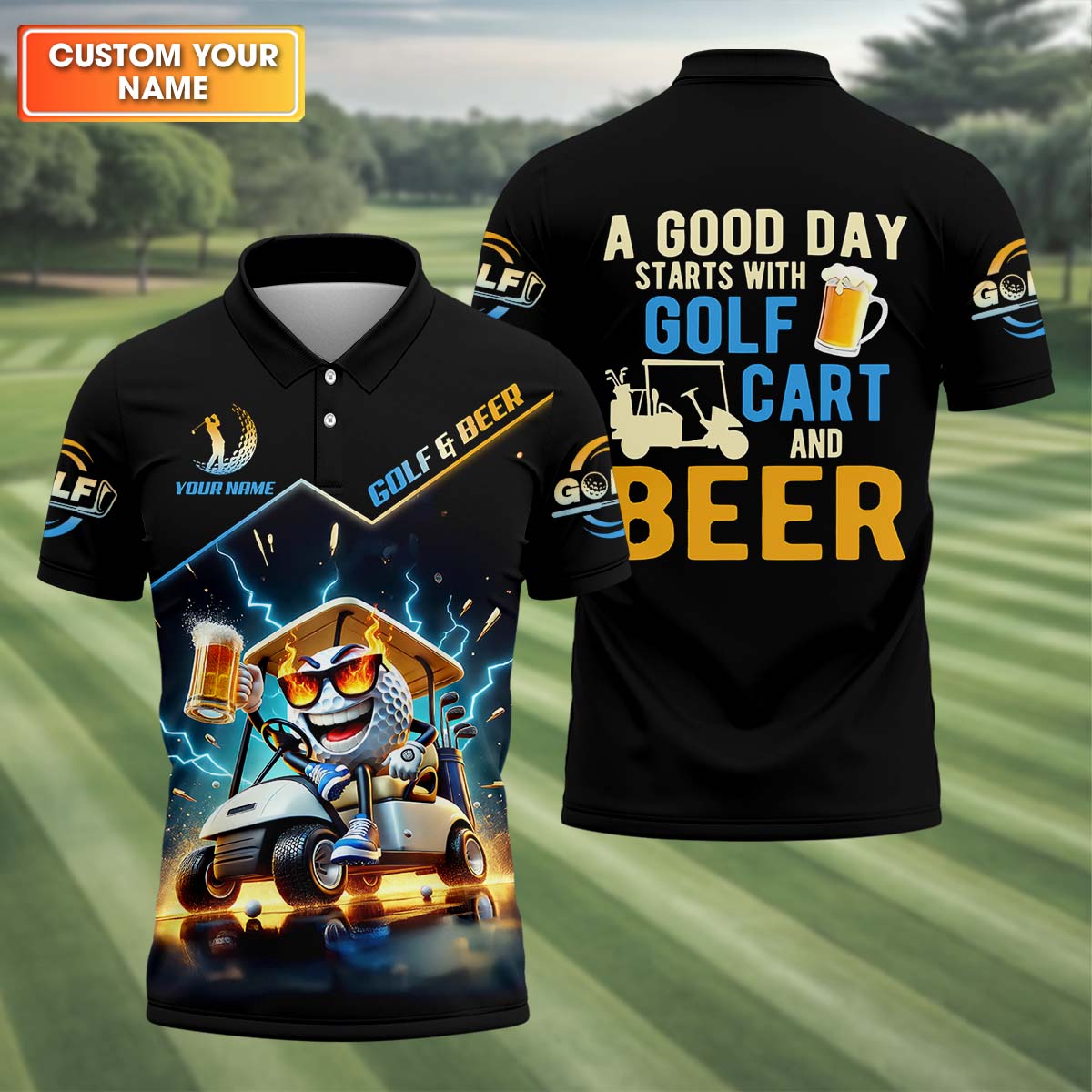 A Good Day Starts With Golf Cart & Beer Custom Golf Polo ShirtFunny Golf Shirt, Golf Gift For Men