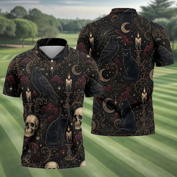 Gothic Raven Black Cat Skull Halloween Polo Shirt, Golf Shirts For Men, Mens Golf Apparel
