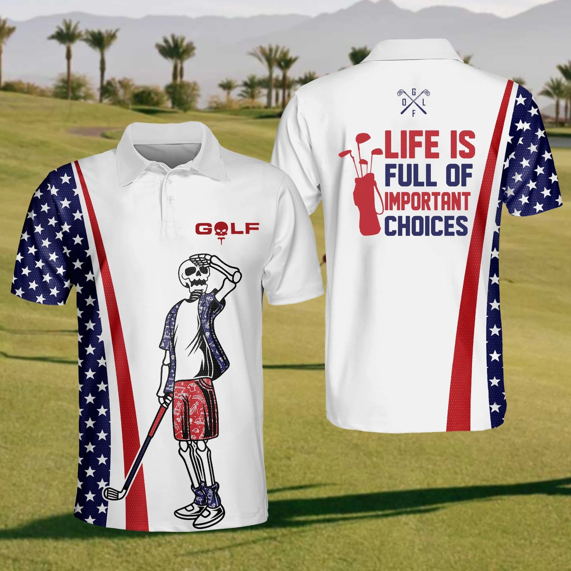 American Flag And Skull Golfer Men's Golf Polo ShirtFunny Golf Shirt, Gift For Golfers