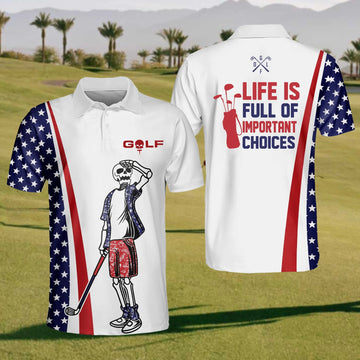 American Flag And Skull Golfer Men's Golf Polo ShirtFunny Golf Shirt, Gift For Golfers