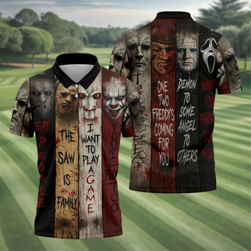 Vintage Wood Panel Horror Character Halloween Golf Shirt, Mens Golf Apparel, Hawaiian Golf Shirt