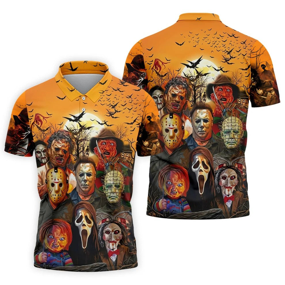 Halloween Horror Character Sunset Hawaiian Golf Shirt, Men's Golf Shirt, Printed Golf Shirts