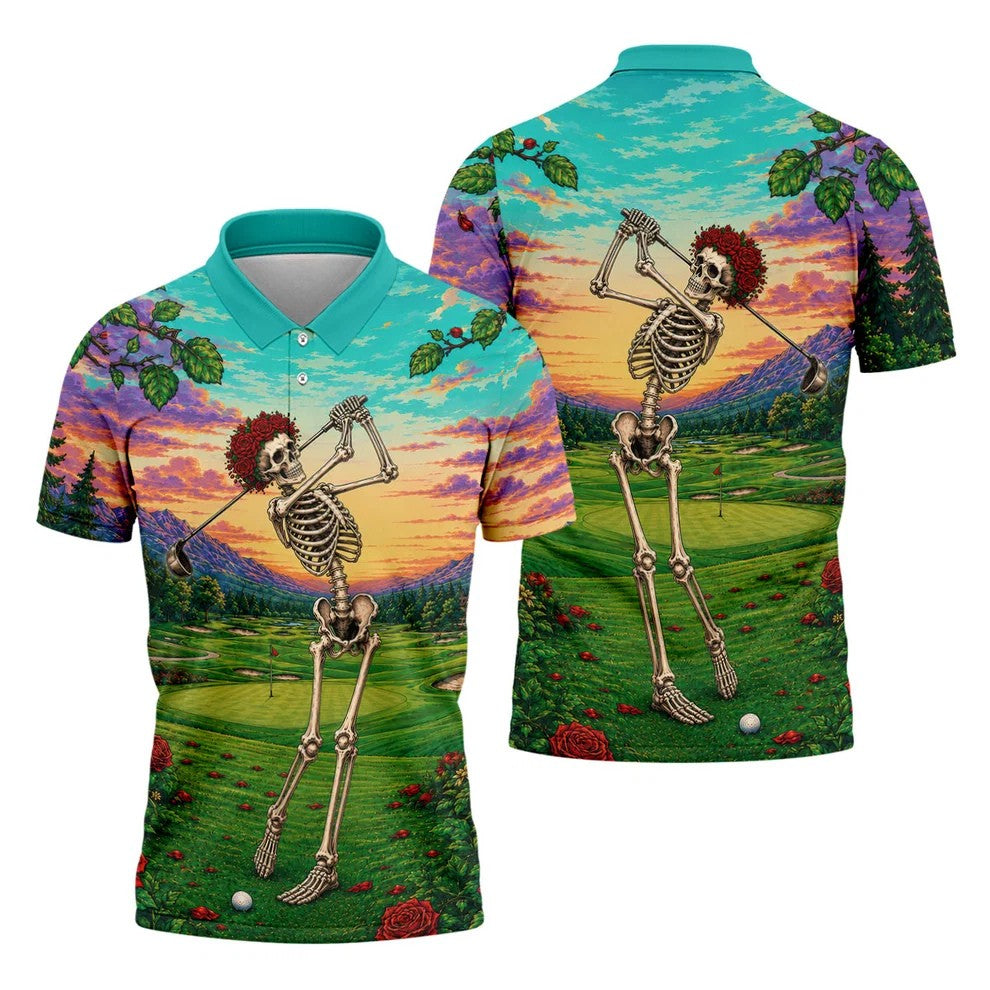 Skeleton Golfer Sunset Golf Course Shirt, Mens Golf Apparel, Halloween Golf Shirt