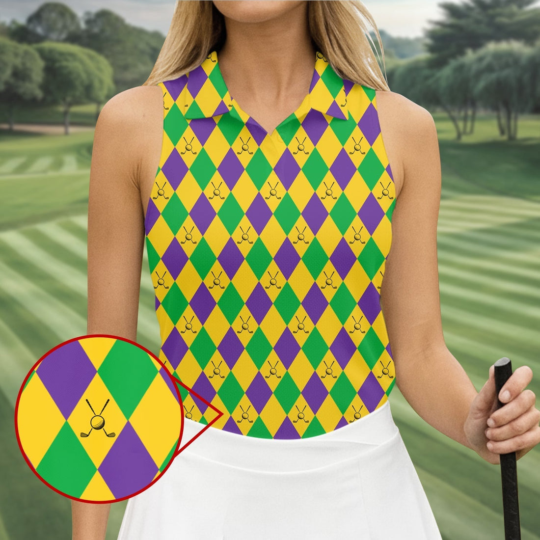 Green Gold Purple Argyle Pattern Mardi Gras Golf Shirt, Women's Golf Shirts, Ladies Golf Polos, Women's Polo Shirt