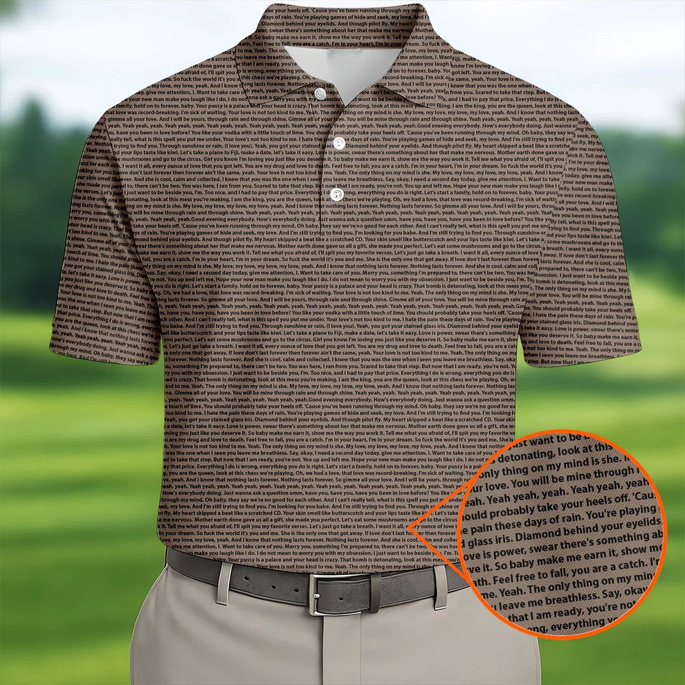 Cream Text Pattern Golf Polo Shirt, Golf Shirts For Men, Printed Golf Shirts