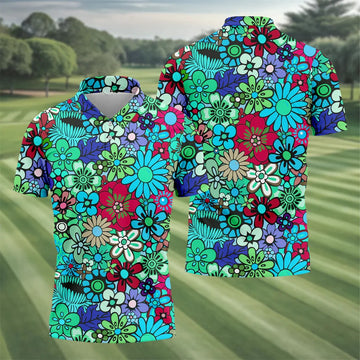 Blue Green Retro Flower Power Golf Shirt, Mens Golf Shirts, Hawaiian Golf Shirt, Golf Shirts For Men
