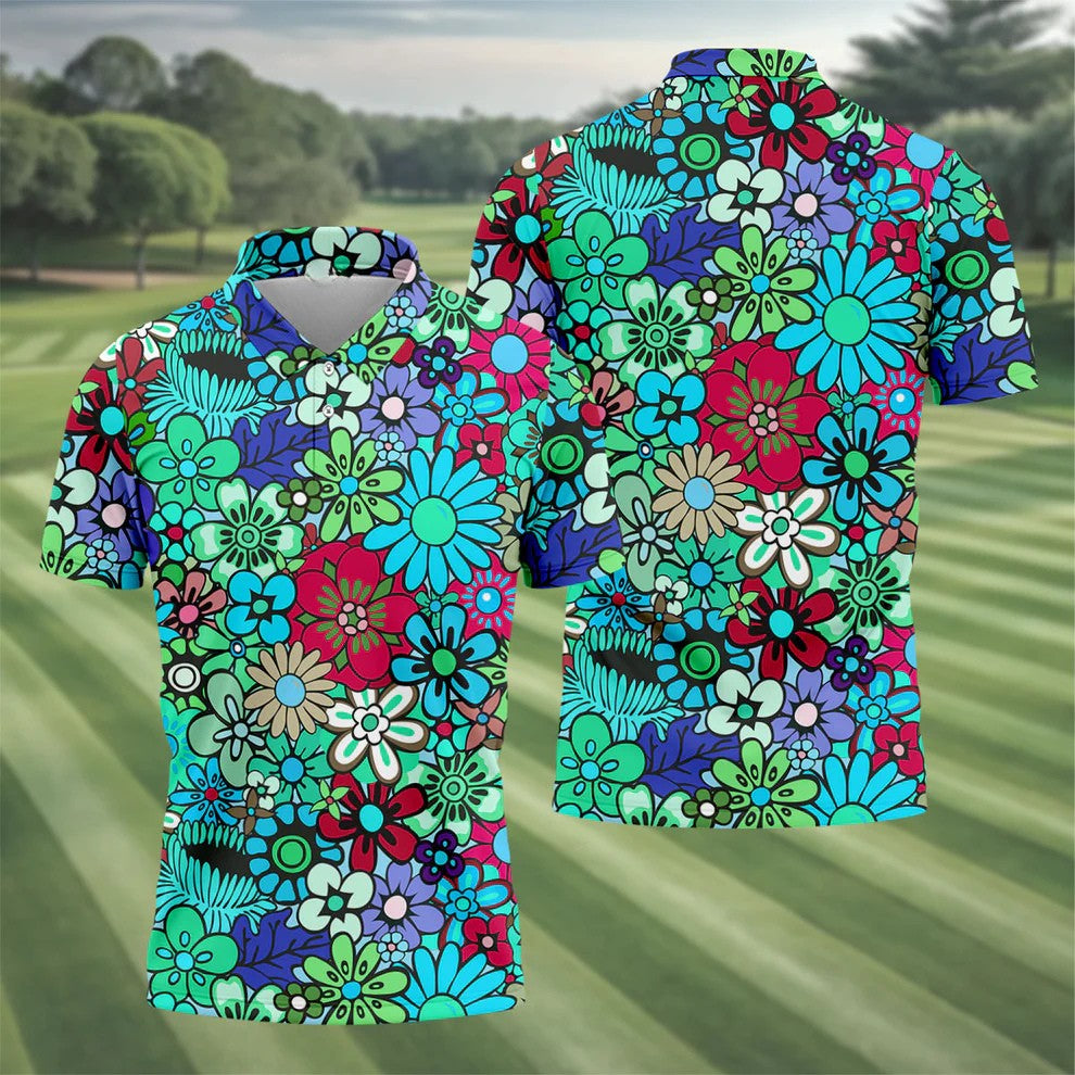 Blue Green Retro Flower Power Golf Shirt, Mens Golf Shirts, Hawaiian Golf Shirt, Golf Shirts For Men