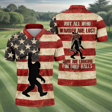Vintage American Flag Bigfoot Golfer Polo Shirt, Mens Golf Polo, Golf Polo Shirts For Men