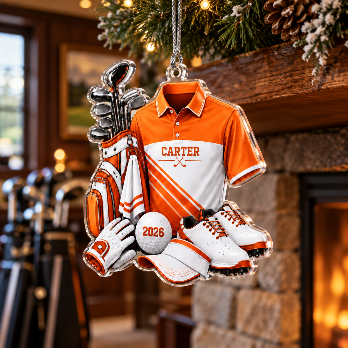 Custom Name Orange Golf Shirt And Bag Acrylic Ornament, Christmas Gifts, Golfer Gifts