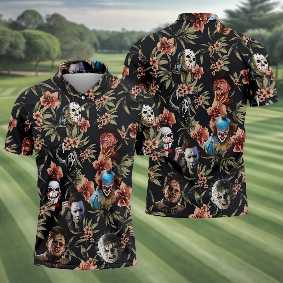 Dark Floral Horror Character Halloween Golf Shirt, Mens Golf Polo, Hawaiian Golf Shirt