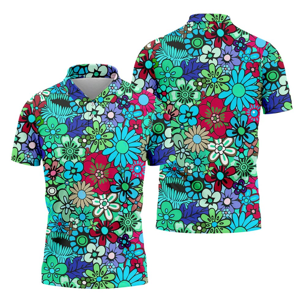 Blue Green Retro Flower Power Golf Shirt, Mens Golf Shirts, Hawaiian Golf Shirt, Golf Shirts For Men