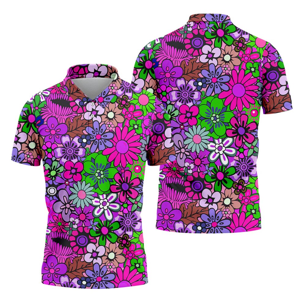 Pink Purple Retro Flower Power Golf Shirt, Mens Polo Shirts, Hawaiian Golf Shirt, Printed Golf Shirts