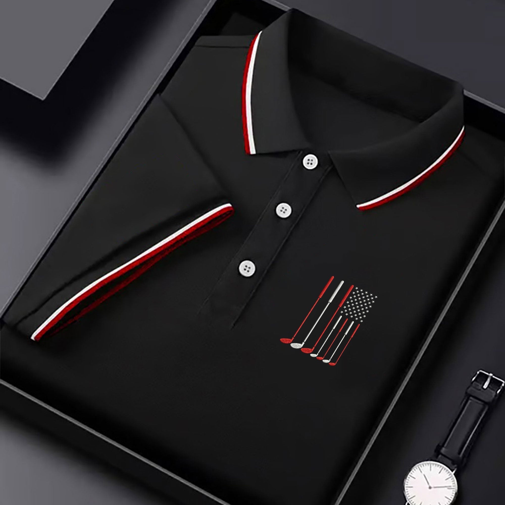 Golf Clubs America Flag Logo 250th Anniversary Black Golf Shirt, Patriotic Golf Shirt, Golf Shirts For Men