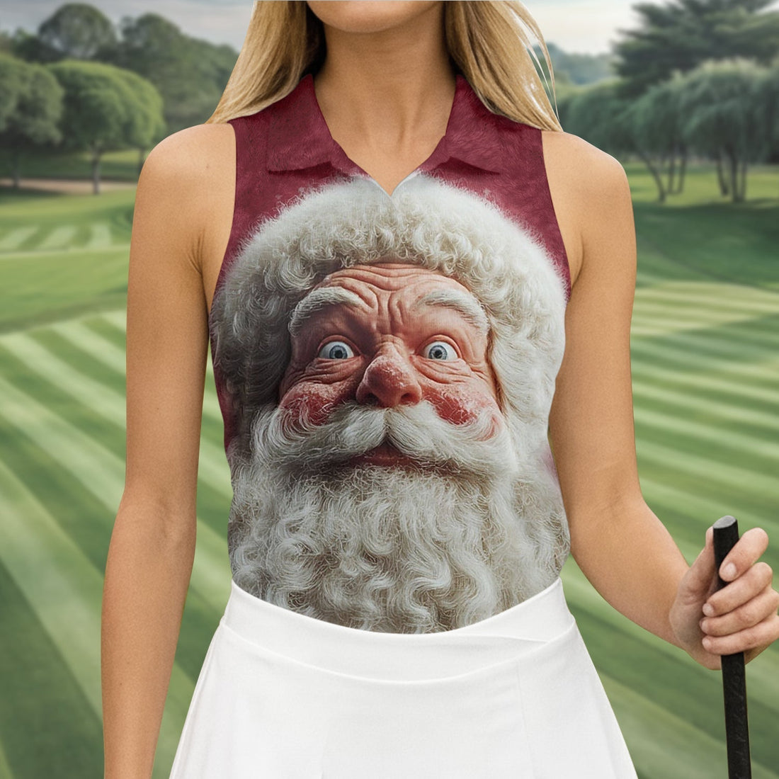 Santa Claus Face Funny Holiday Vintage Print Women Golf Top, Christmas Golf Shirt, Ladies Golf Tops