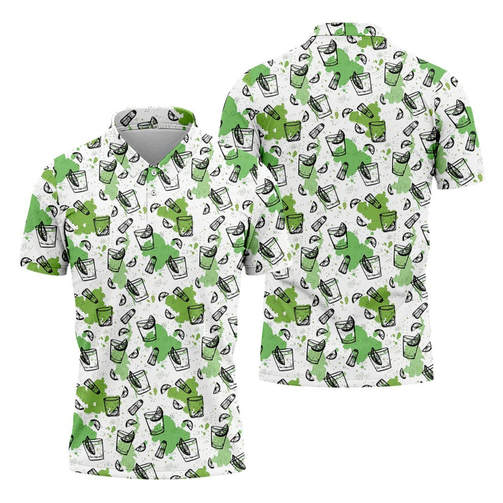 Green Cocktail Splash Pattern Golf Shirt, Mens Golf Shirts, Hawaiian Golf Shirt, Golf Polo Shirts For Men