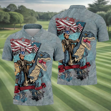 T-Rex Dinosaur US Flag Pattern 4th Of July Golf Shirt, Patriotic 250 Years Golf Shirts For Men