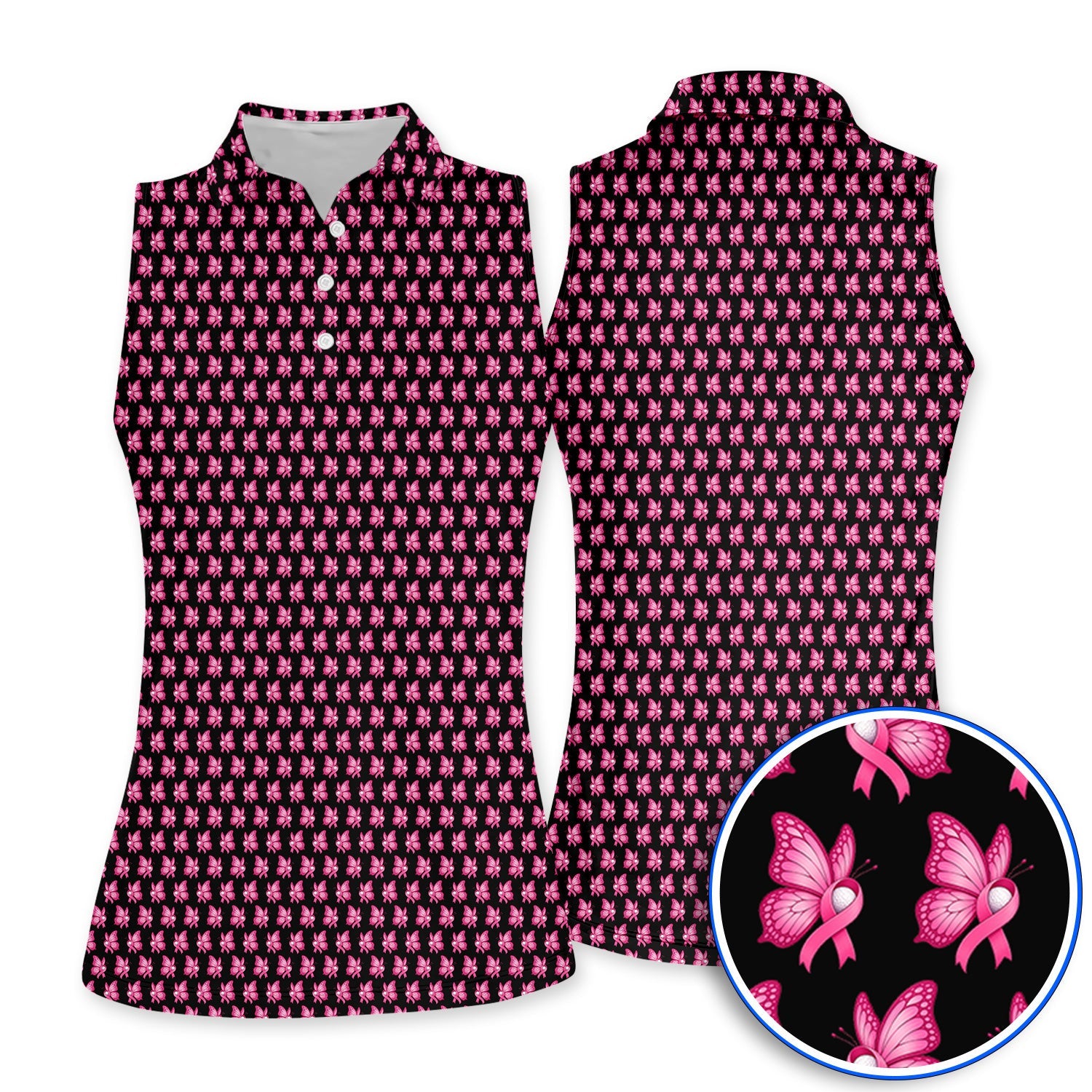 Breast Cancer Awareness Golf Polos, Pink Ribbon Butterfly Golf Shirt for Golf Lovers, Support Cancer Awareness Golf Gift