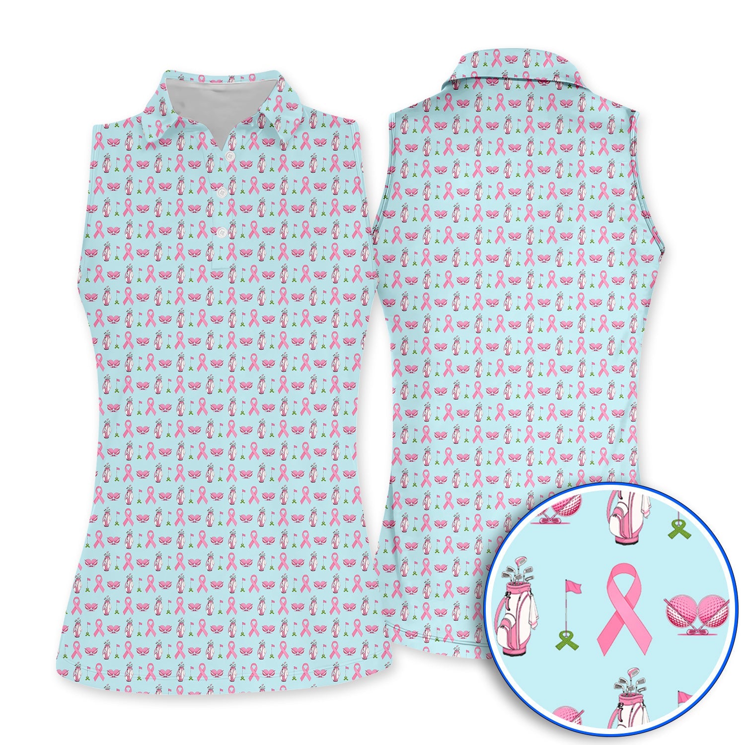Breast Cancer Pattern Golf Polos, Pink Ribbon Golf Shirt for Golf Lovers, Support Breast Cancer Awareness Gift