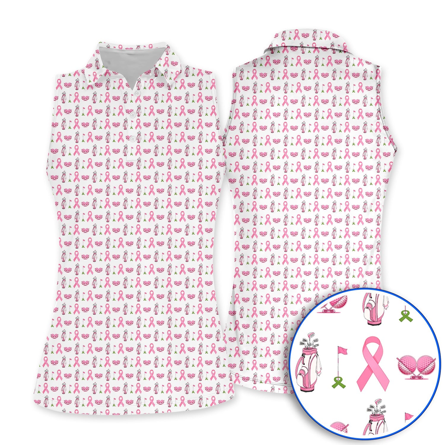 Breast Cancer Pattern Golf Polos, Pink Ribbon Golf Shirt for Golf Lovers, Support Breast Cancer Awareness Gift