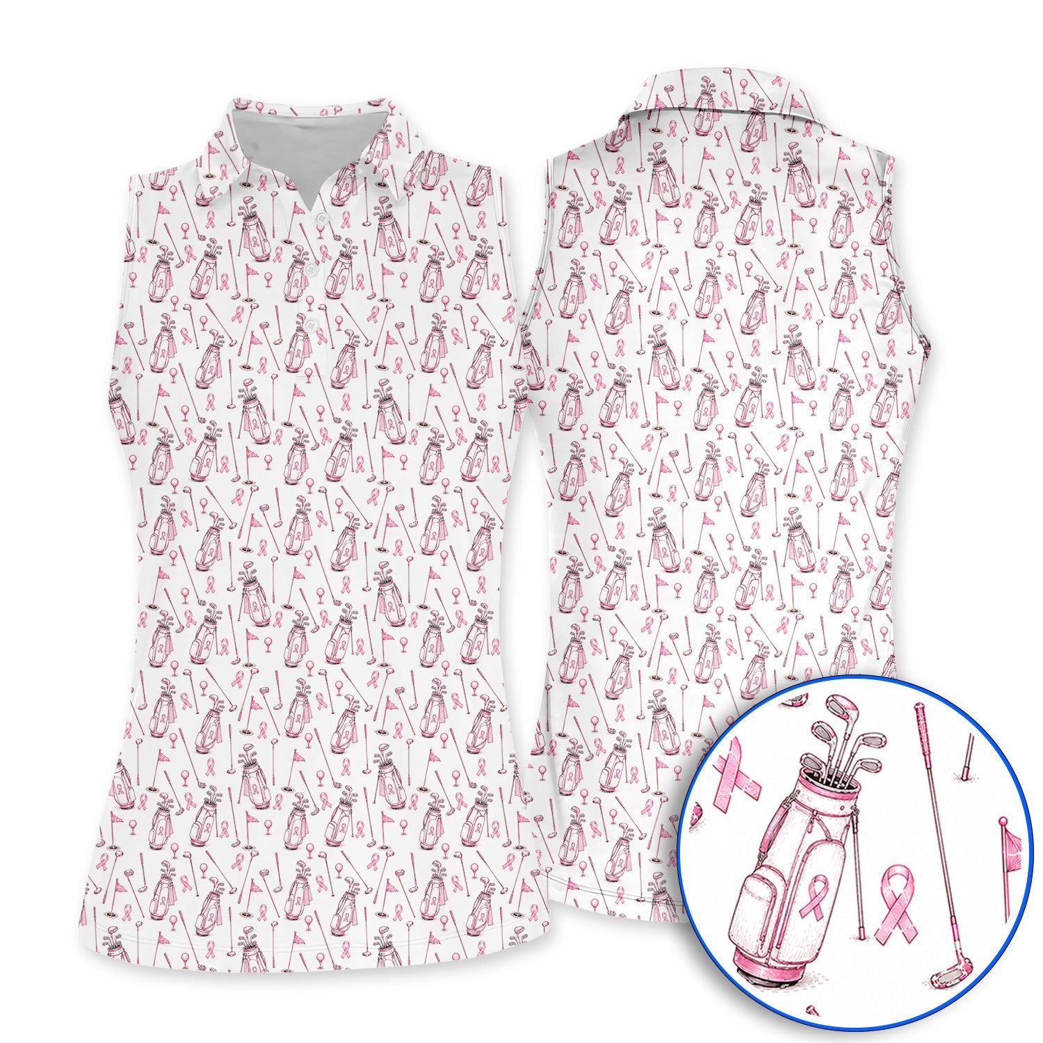 Breast Cancer Pattern Golf Shirt, Pink Ribbon Golf Polos for Golf Lovers, Support Breast Cancer Awareness Gift