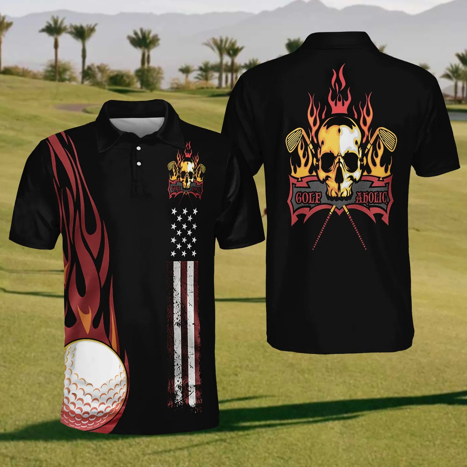 Fire Skull Mens Golf Polo ShirtMens Golf Shirt, Gift For Golf Lovers