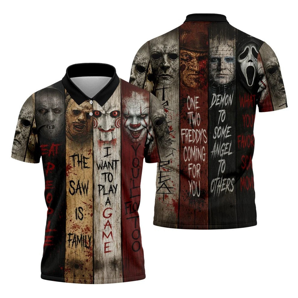 Vintage Wood Panel Horror Character Halloween Golf Shirt, Mens Golf Apparel, Hawaiian Golf Shirt