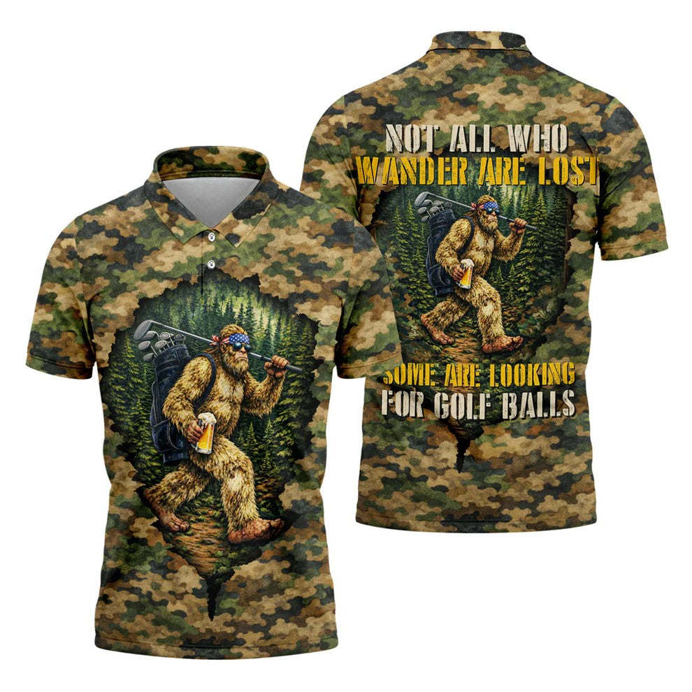 Camo Bigfoot Golfer Drinking Beer Polo Shirt, Mens Golf Shirts, Golf Apparel For Men
