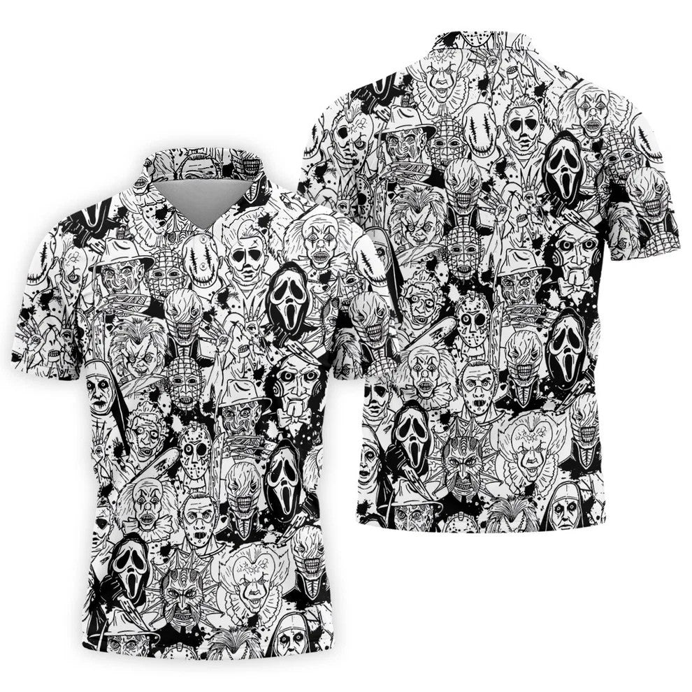 Black White Horror Character Sketch Golf Shirt, Mens Golf Polo, Halloween Golf Shirt