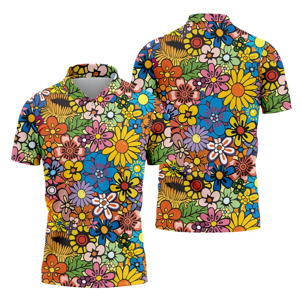 Multicolor Retro Flower Power Golf Shirt, Mens Golf Polo, Hawaiian Golf Shirt, Golf Apparel For Men