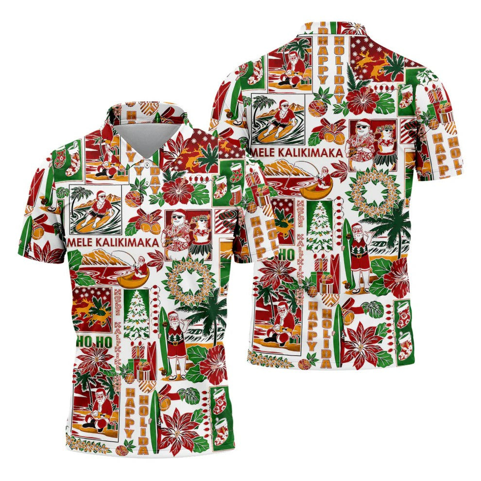 Men's Mele Kalikimaka Hawaiian Christmas Golf Shirt, Tropical Santa Holiday Golf Shirt, Golf Apparel For Men