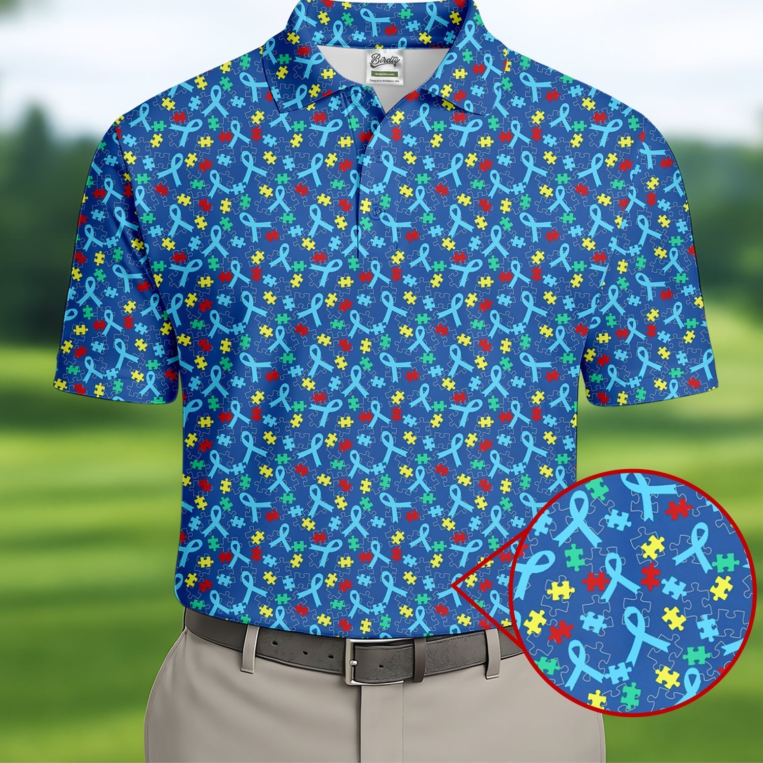 Autism Awareness Ribbon And Colorful Puzzles Blue Golf Shirt, Golf Shirts For Men, Polo ShirtFor Men
