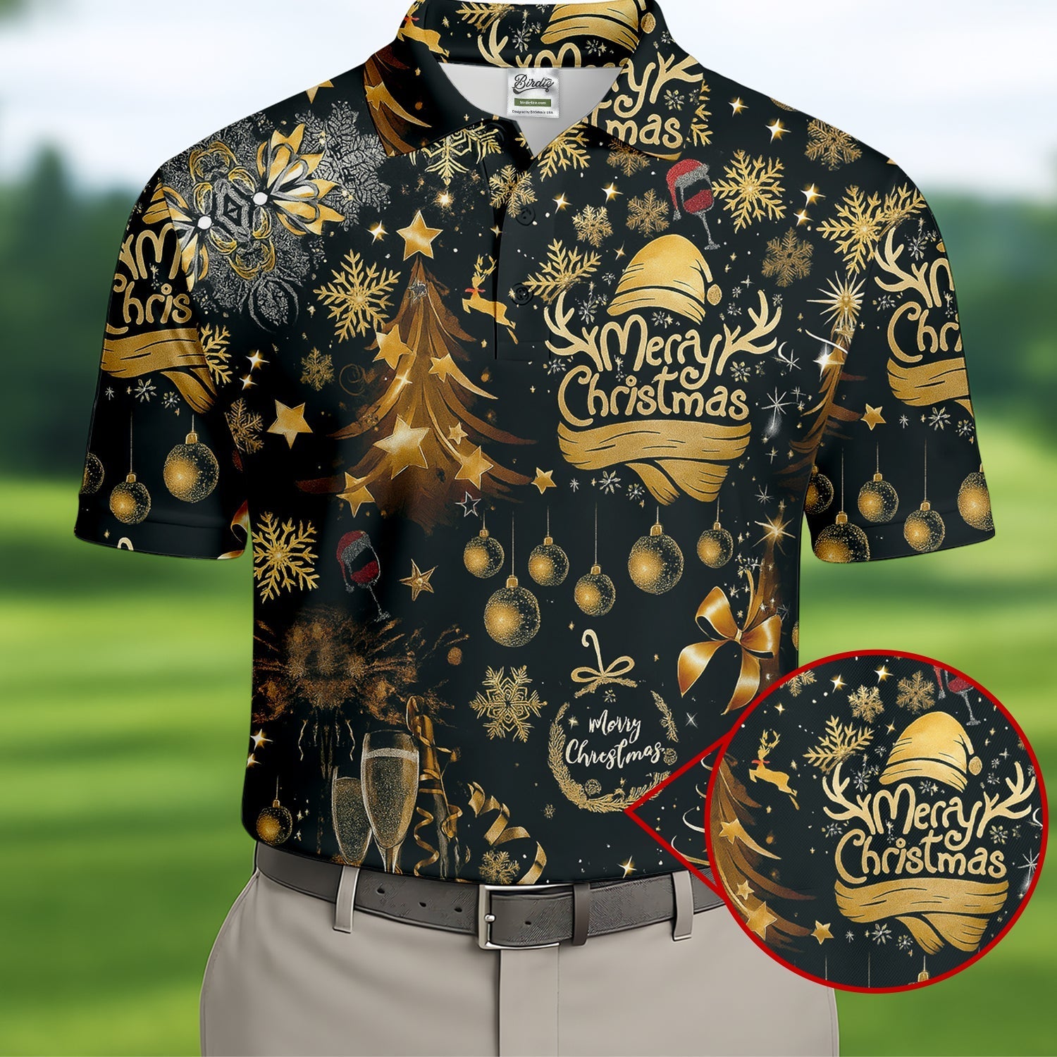 Champagne Golden Merry Christmas Men's Golf Polo Shirtistmas Golf Shirt, Golf Gift For Men