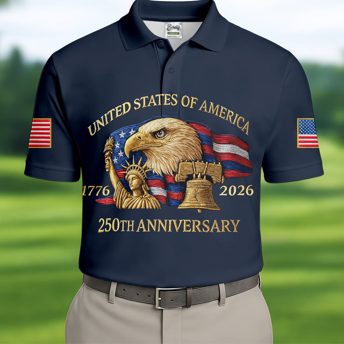 US America 250th Anniversary Patriot Eagle Embroidery Effect Golf Tops For Men, Patriot Golf Shirts For Men