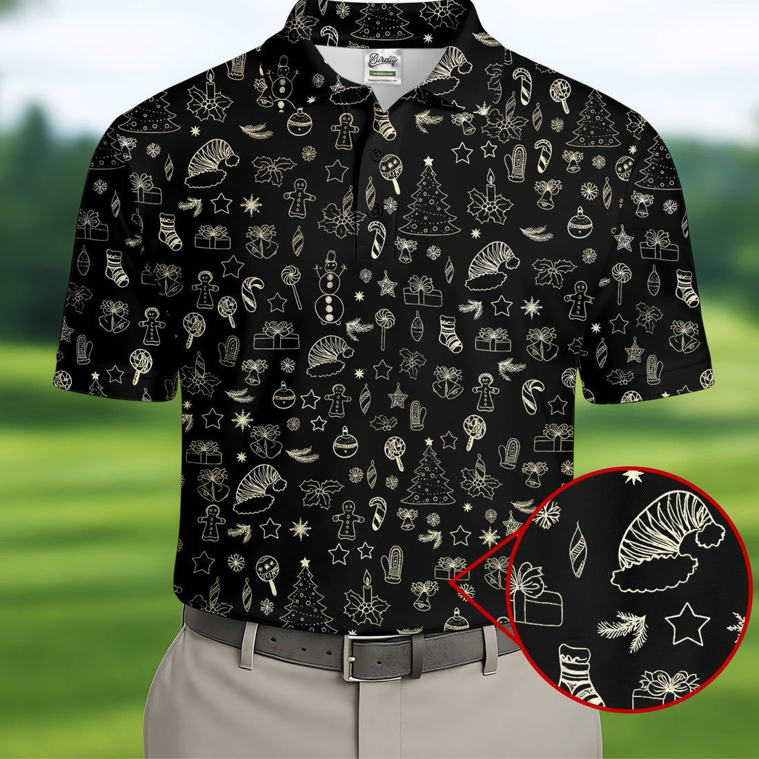 Festive Christmas Golden Pattern Men's Golf Polo Shirt Christmas Golf Shirt, Golf Gift For Men