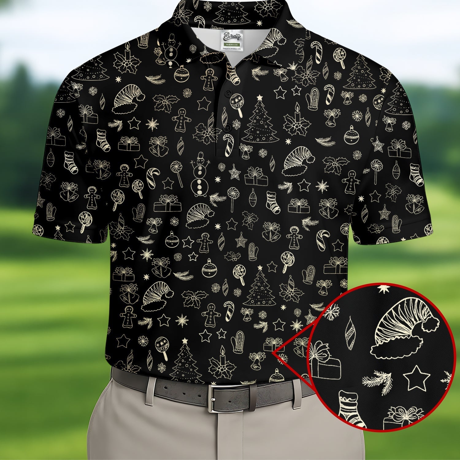 Festive Christmas Golden Pattern Men's Golf Polo Shirt Christmas Golf Shirt, Golf Gift For Men
