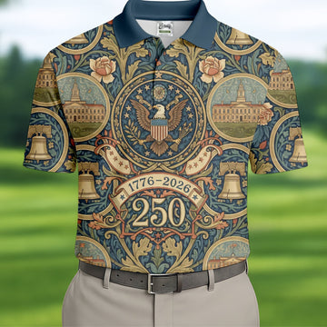 250th Anniversary Semiquincentennial American Landmarks Floral Golf Shirt, Golf Shirts For Men, Patriotic Golf Shirt