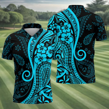 Island Tribal Golf Shirt, Blue Hawaiian Hibiscus Polo, Polo Shirts For Men